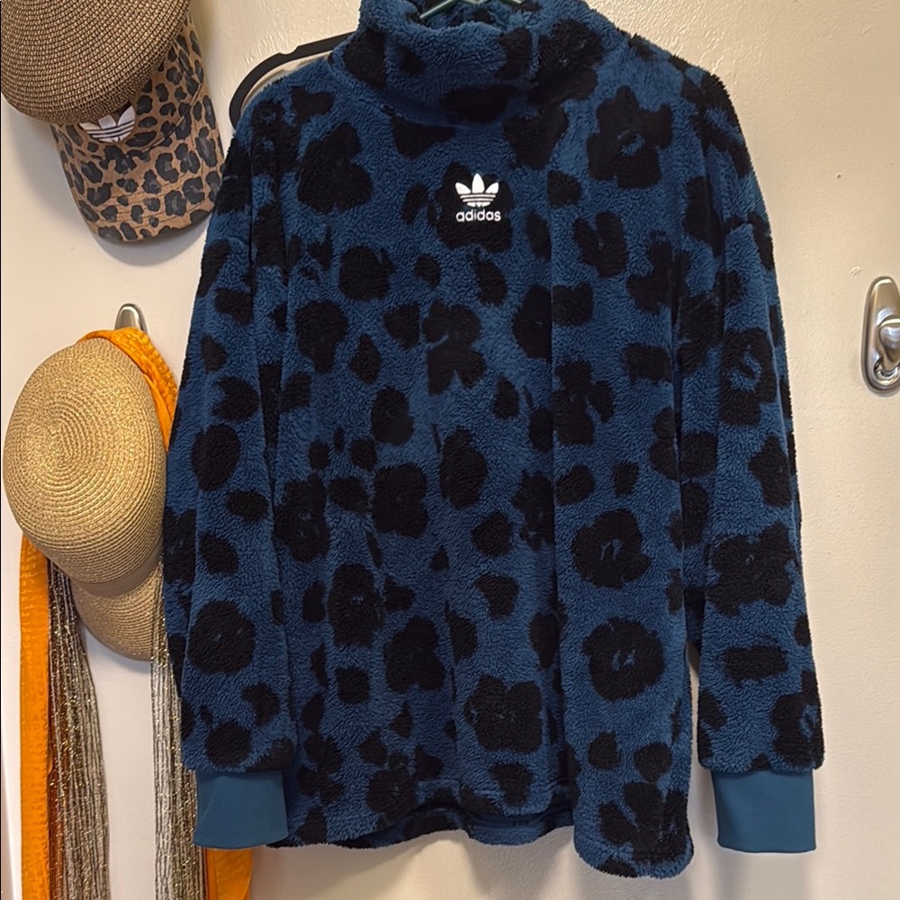 Adidas blue and black floral fleece pullover